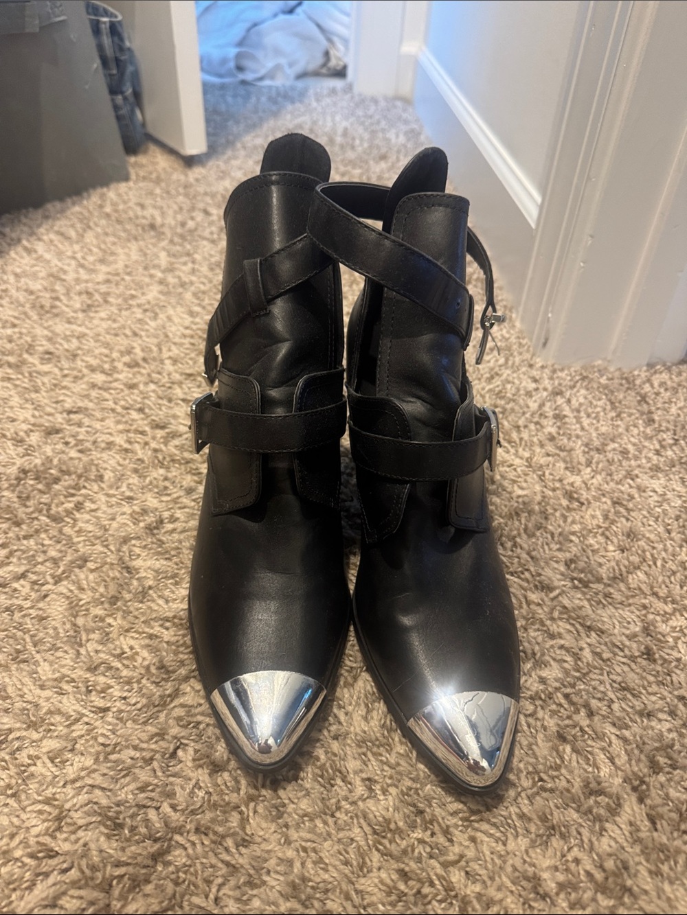 Women's Black Leather Pointed Ankle Boots with Silver Cap Toe